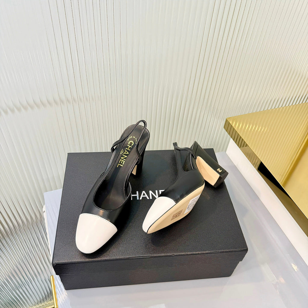 CC 26 Slingback High Heel 9cm White Black Lambskin 714015