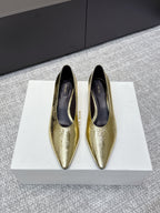 The Row 25ss TR Kitten heel Pointed Toe Shoes 35mm Gold Metallic Sheepskin 451306