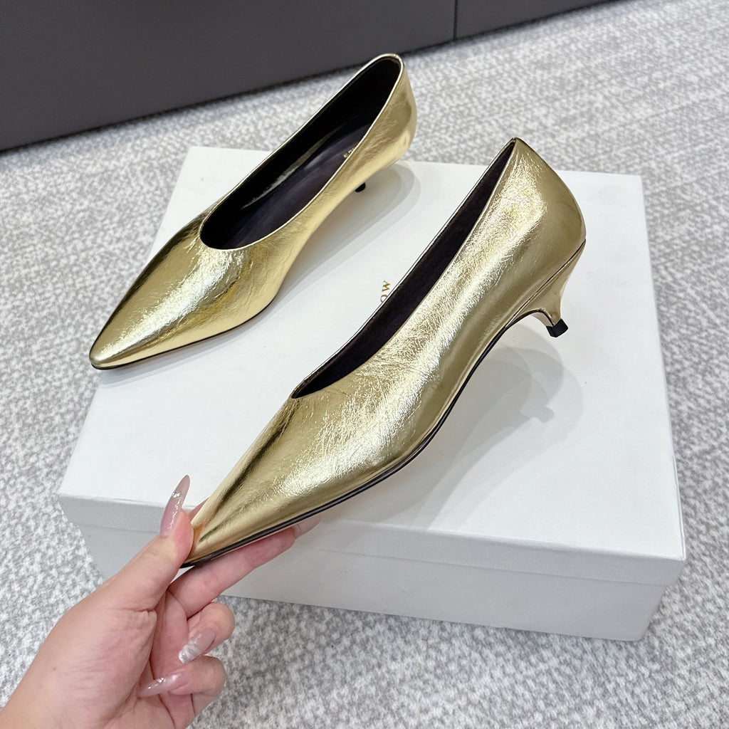 The Row 25ss TR Kitten heel Pointed Toe Shoes 35mm Gold Metallic Sheepskin 451306
