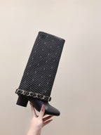 CC 25 Long Boot Black Denim Fabric Calfskin 515272