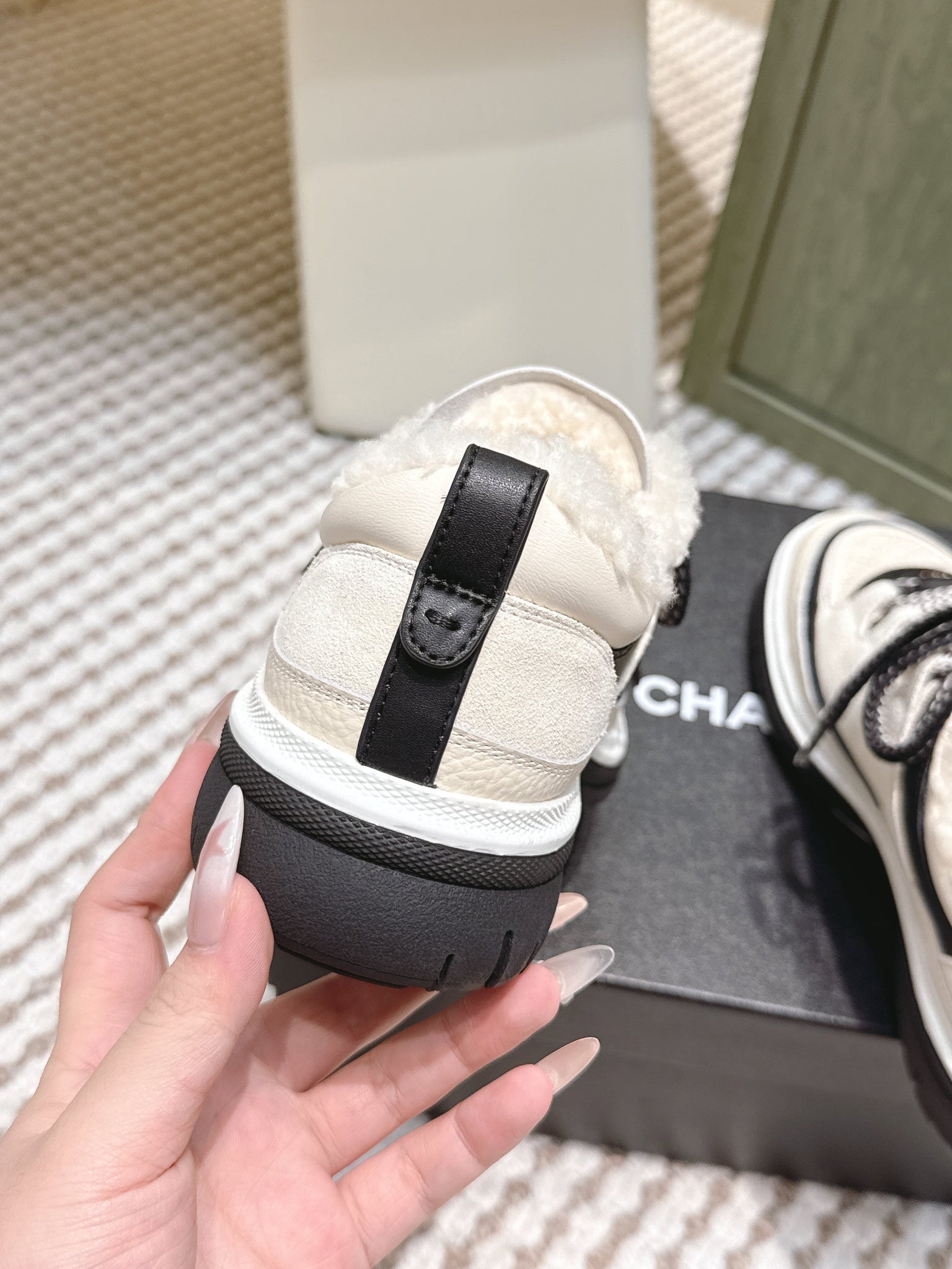 Chanel 26s Thick-Sole Sneakers In White And Black Calfskin With Fur Lining