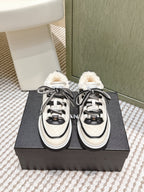 Chanel 26s Thick-Sole Sneakers In White And Black Calfskin With Fur Lining