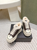 Chanel 26s Thick-Sole Sneakers 60mm In Dark Brown And Beige Calfskin With Fur Lining