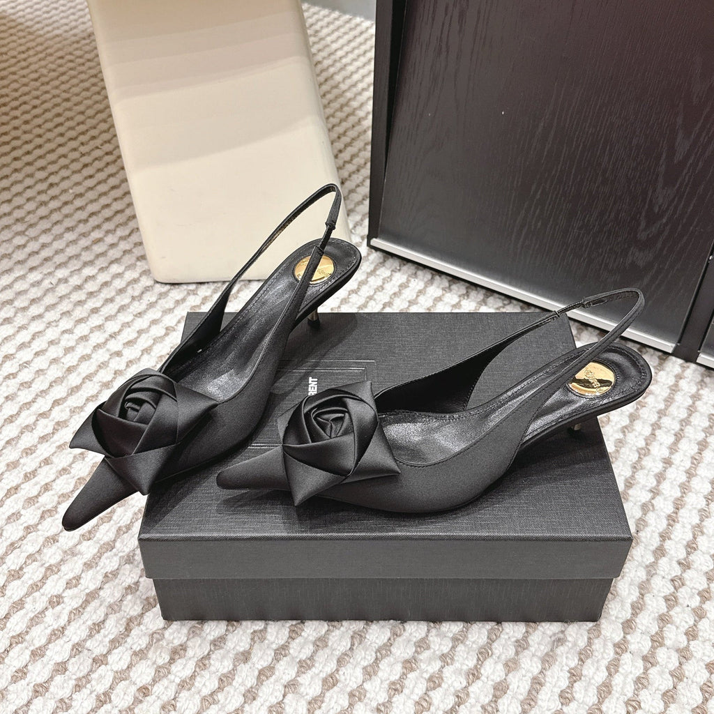 YSL 26ss Slingback 50 Black Satin Leather 654681