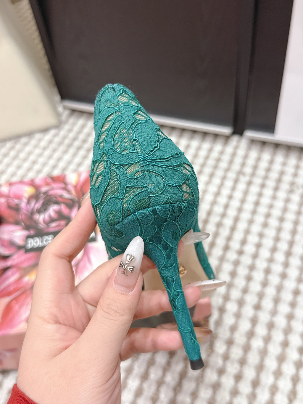 DG Pumps Crystals 9cm Teal Green Taormina Lace 663087