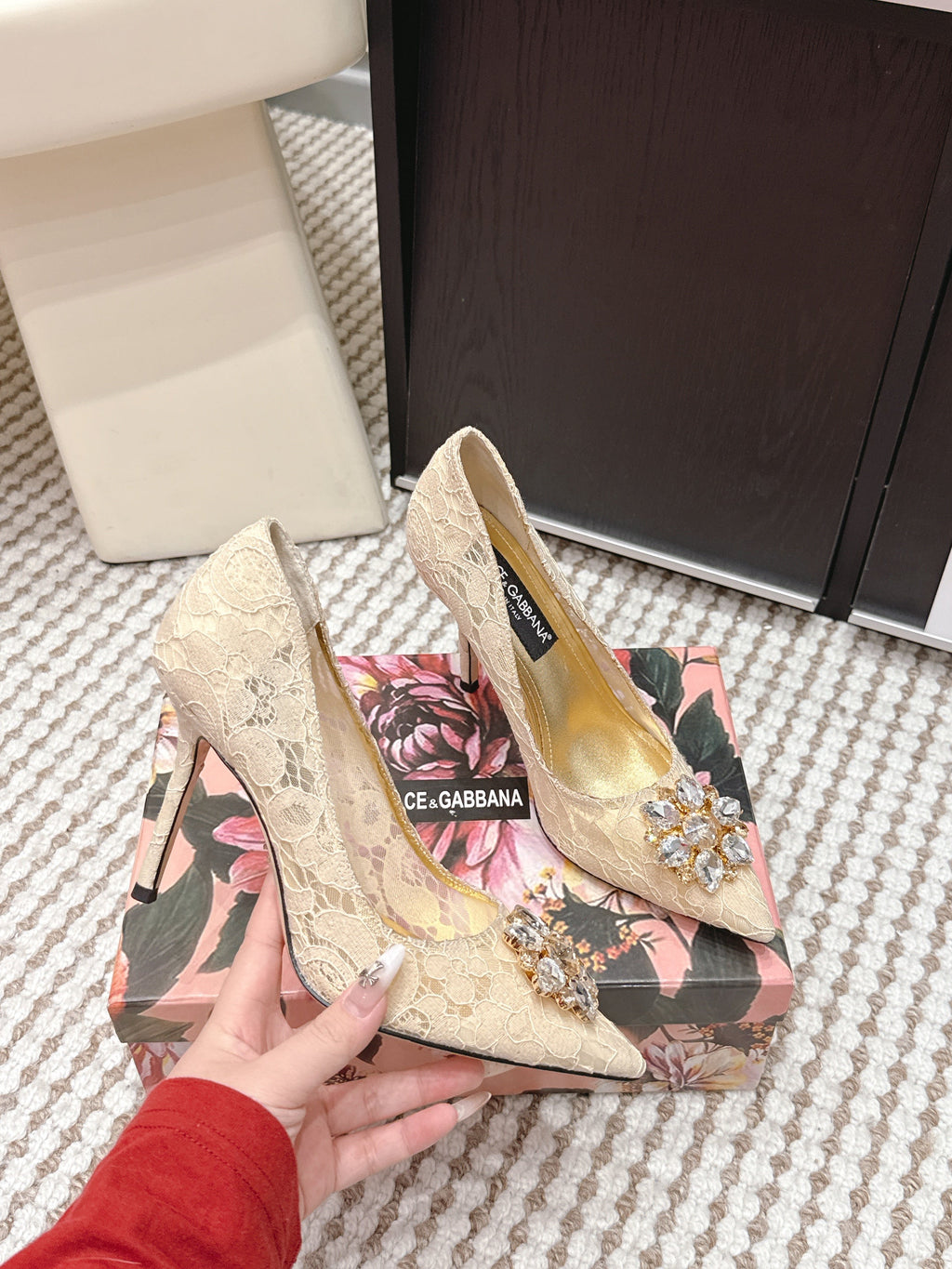 DG 26s Pumps Crystals 9cm Beige Taormina Lace 663088