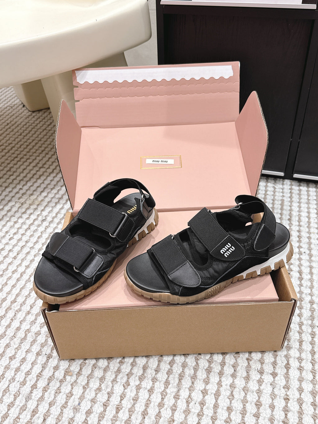 Miu 26s Velcro Sandals Black Nylon Suede 632329