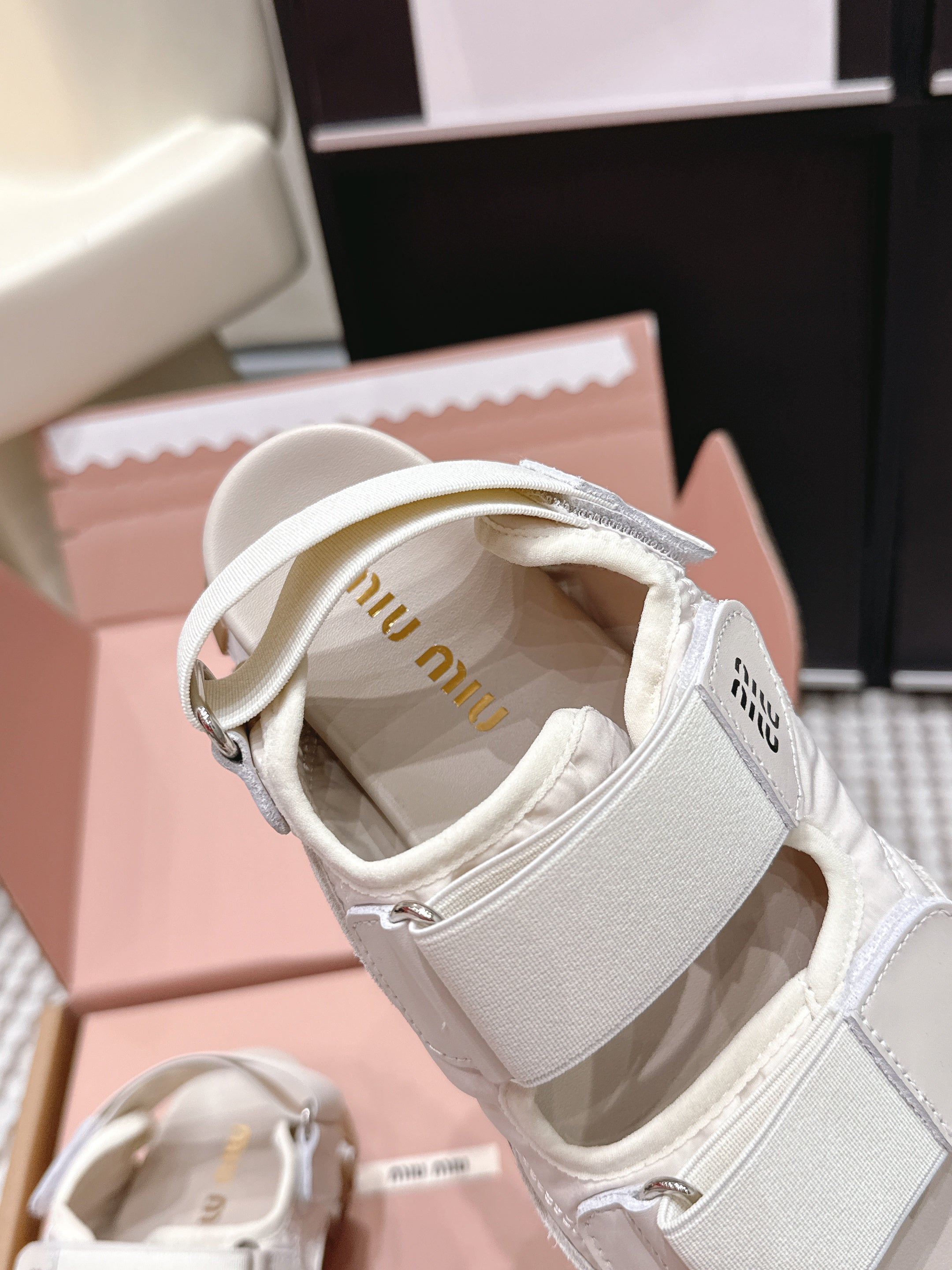 Miu 26s Velcro Sandals Ivory Nylon Suede 632330