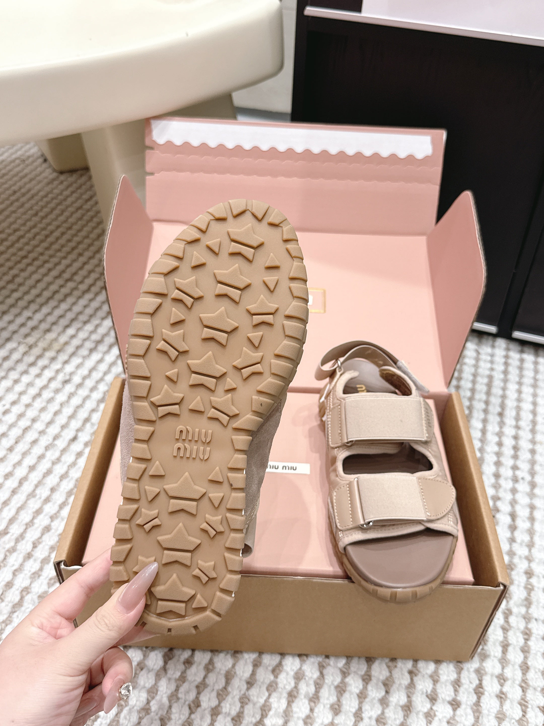 Miu 26s Velcro Sandals Light Brown Nylon Suede 632331