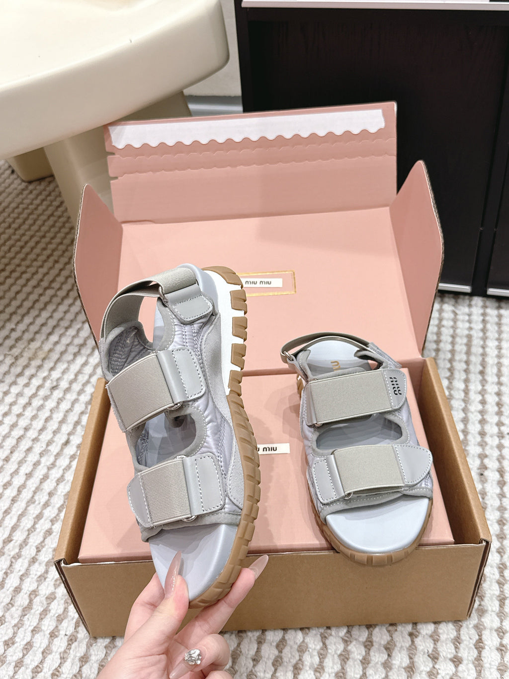 Miu 26s Velcro Sandals Grey Nylon Suede 632332
