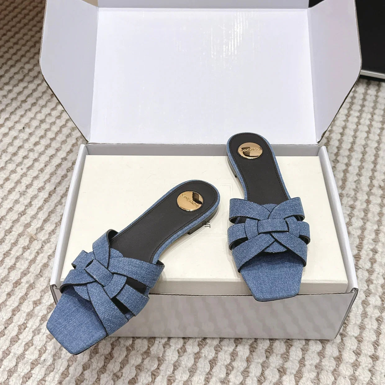 YSL 26ss Flat Slippers Blue Denim Leather 654727