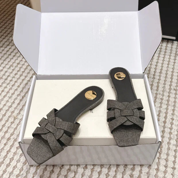 YSL 26ss Flat Slippers Dark Gray Denim Leather 654728