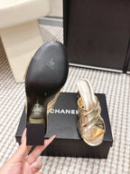 CC High-Heeled Cross-Strap Sandals 7.5cm Gold Glossy Leather 721587