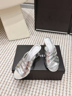 CC High-Heeled Cross-Strap Sandals 7.5cm Sliver Glossy Leather 721588