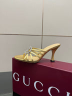 Women's Slide 85mm With Crystal Interlocking G Gold Leather