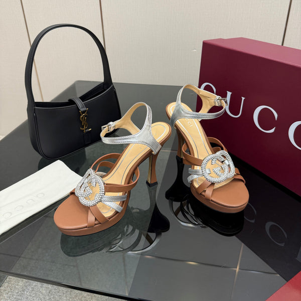 GG Pump 10.5cm With Crystal Interlocking G Brown Sliver Leather