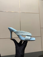 BV 26s Heeled Sandals 9.5cm Light Blue Calfskin Raffia