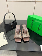 BV 26s Heeled Sandals 9.5cm Dark Brown Calfskin Raffia