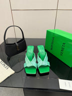 BV 26s Heeled Sandals 9.5cm Green Calfskin Raffia