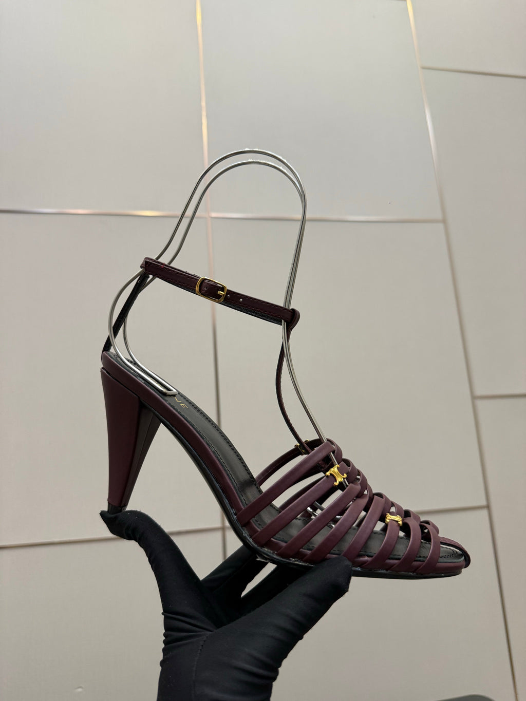 CL Cage Heeled Sandal 9cm Burgundy Calfskin 725648