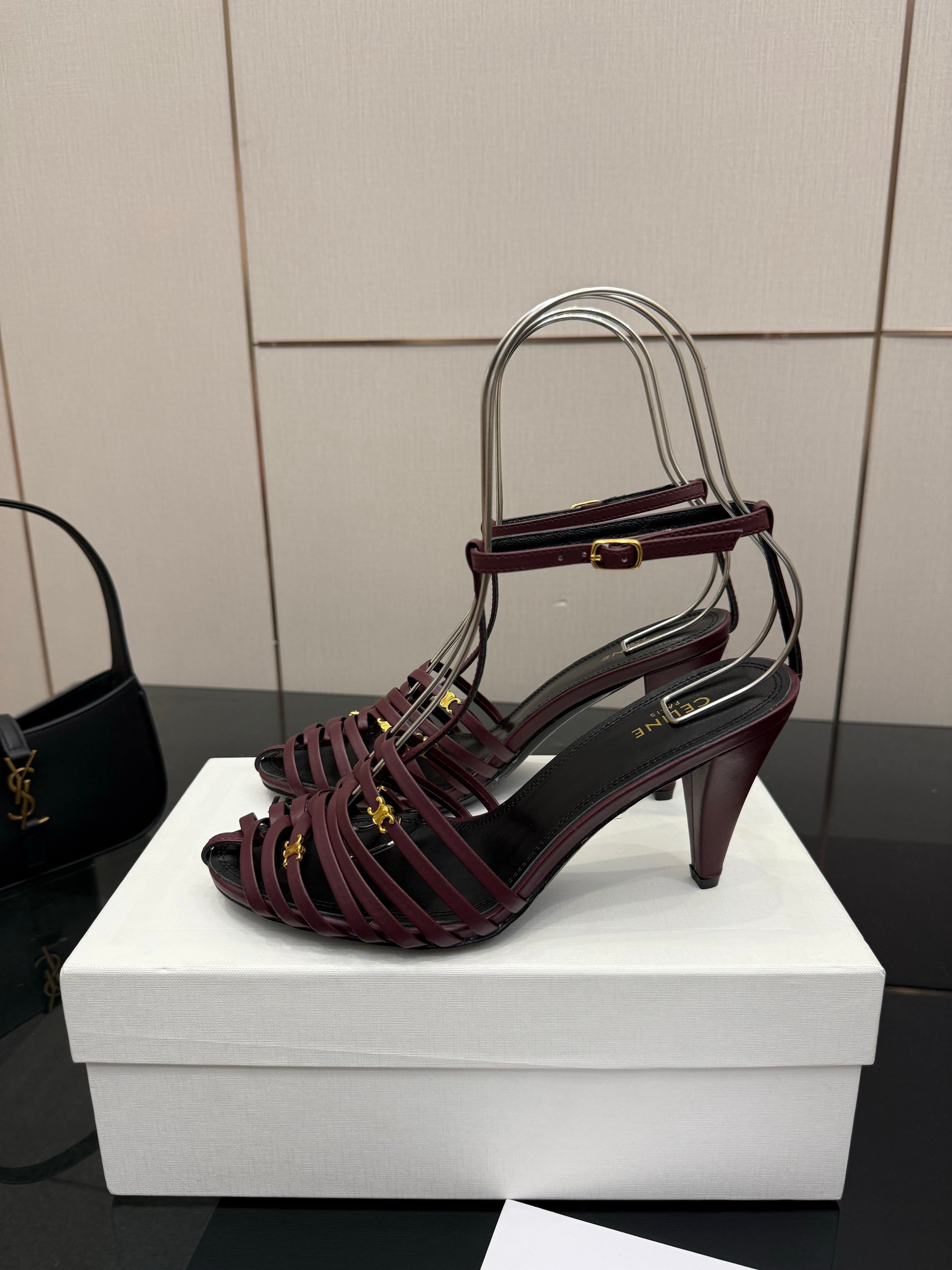 CL Cage Heeled Sandal 9cm Burgundy Calfskin 725648