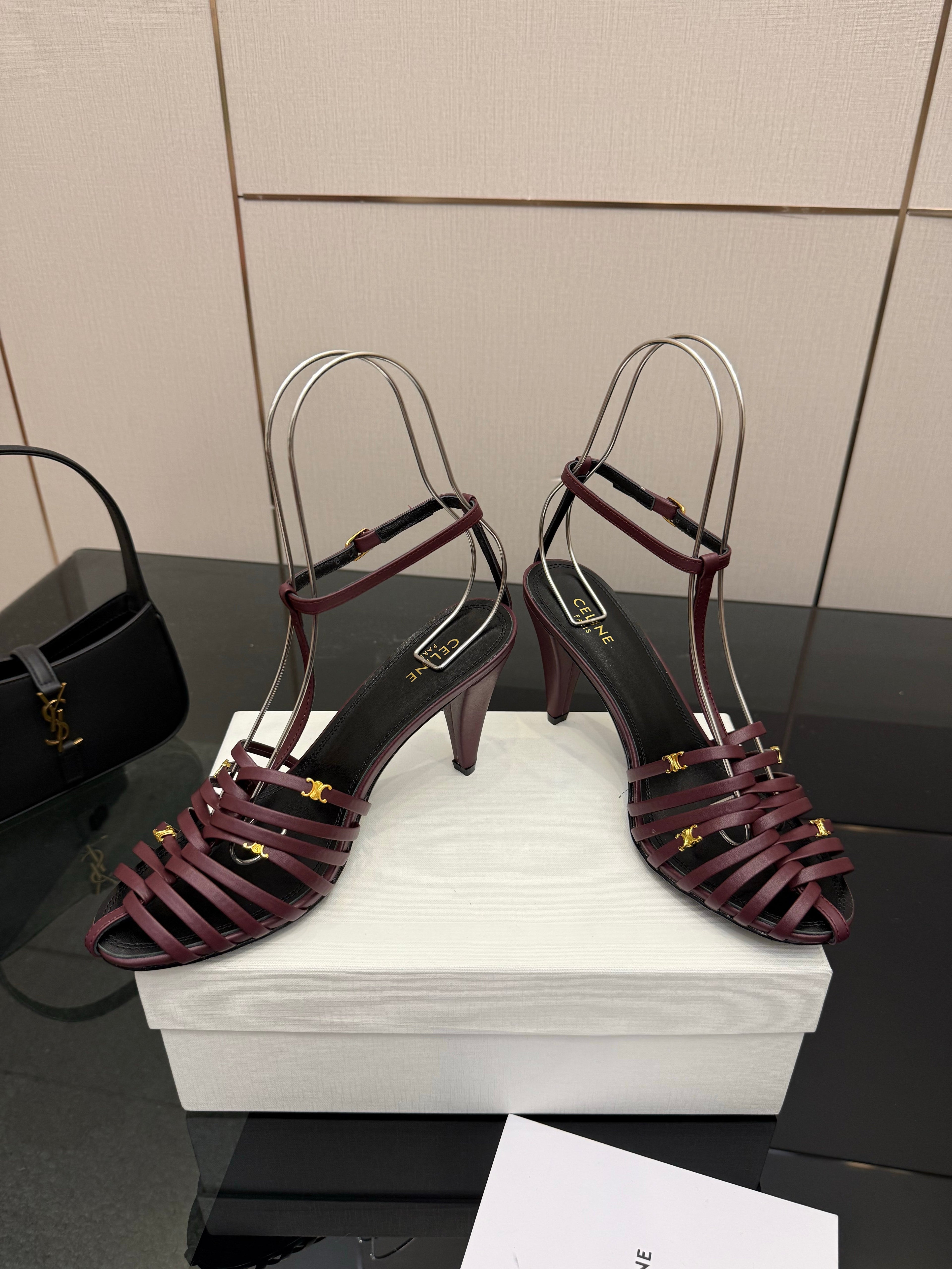 CL Cage Heeled Sandal 9cm Burgundy Calfskin 725648