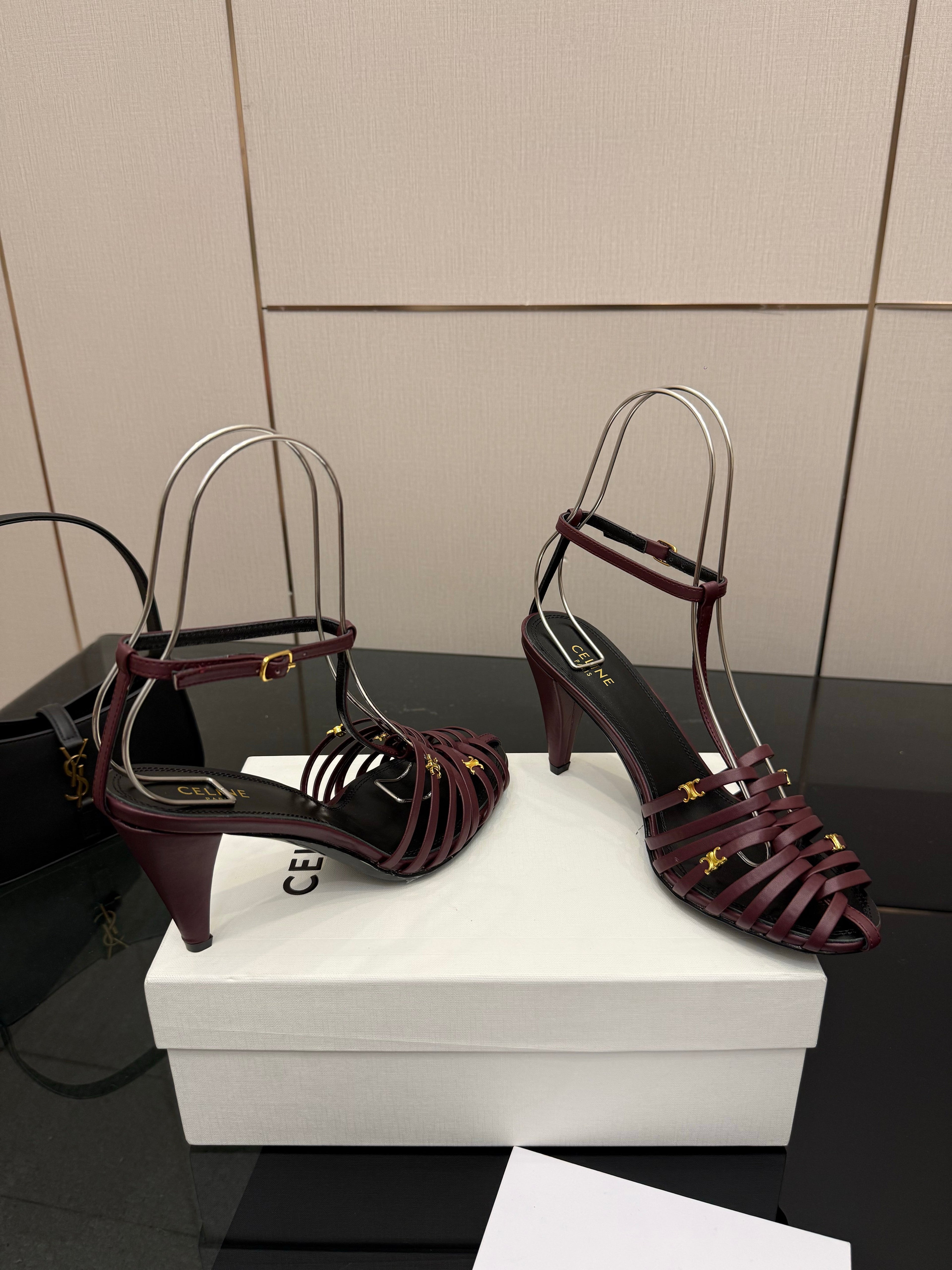 CL Cage Heeled Sandal 9cm Burgundy Calfskin 725648
