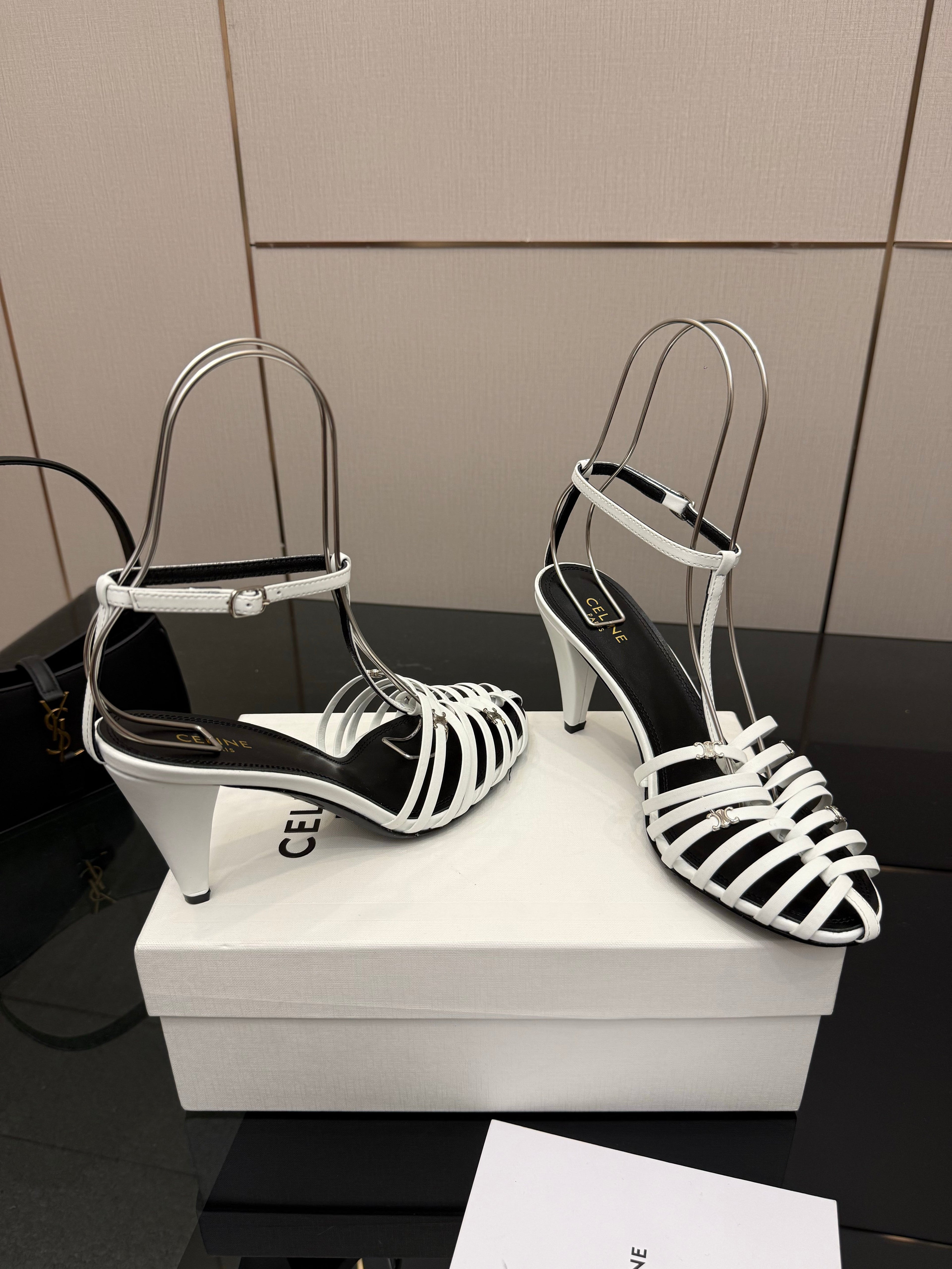 CL Cage Heeled Sandal 9cm White Calfskin 725648