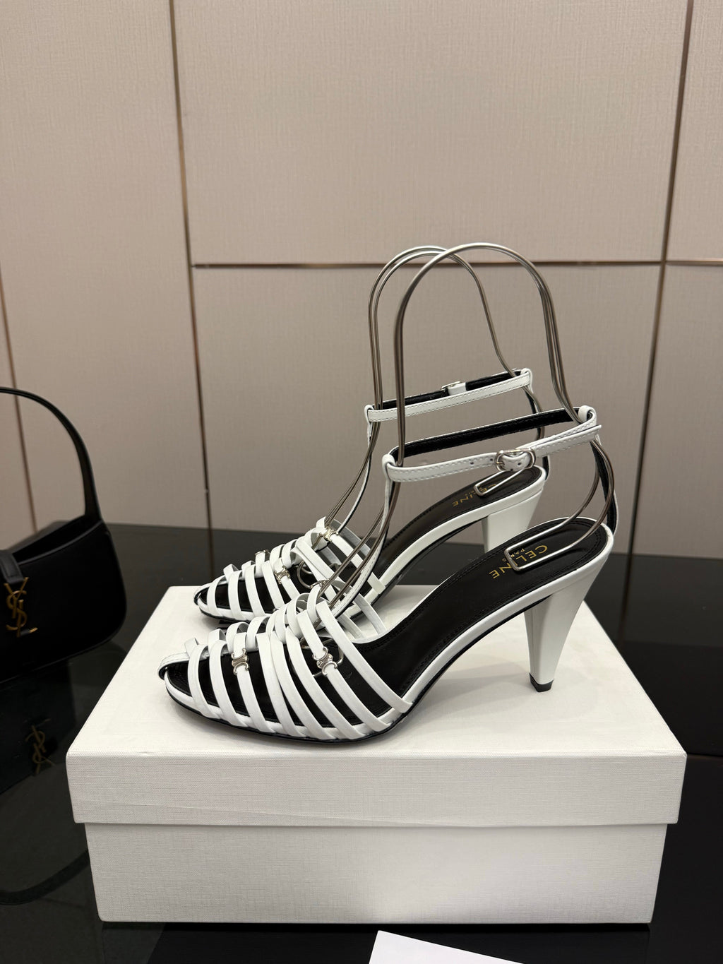 CL Cage Heeled Sandal 9cm White Calfskin 725648