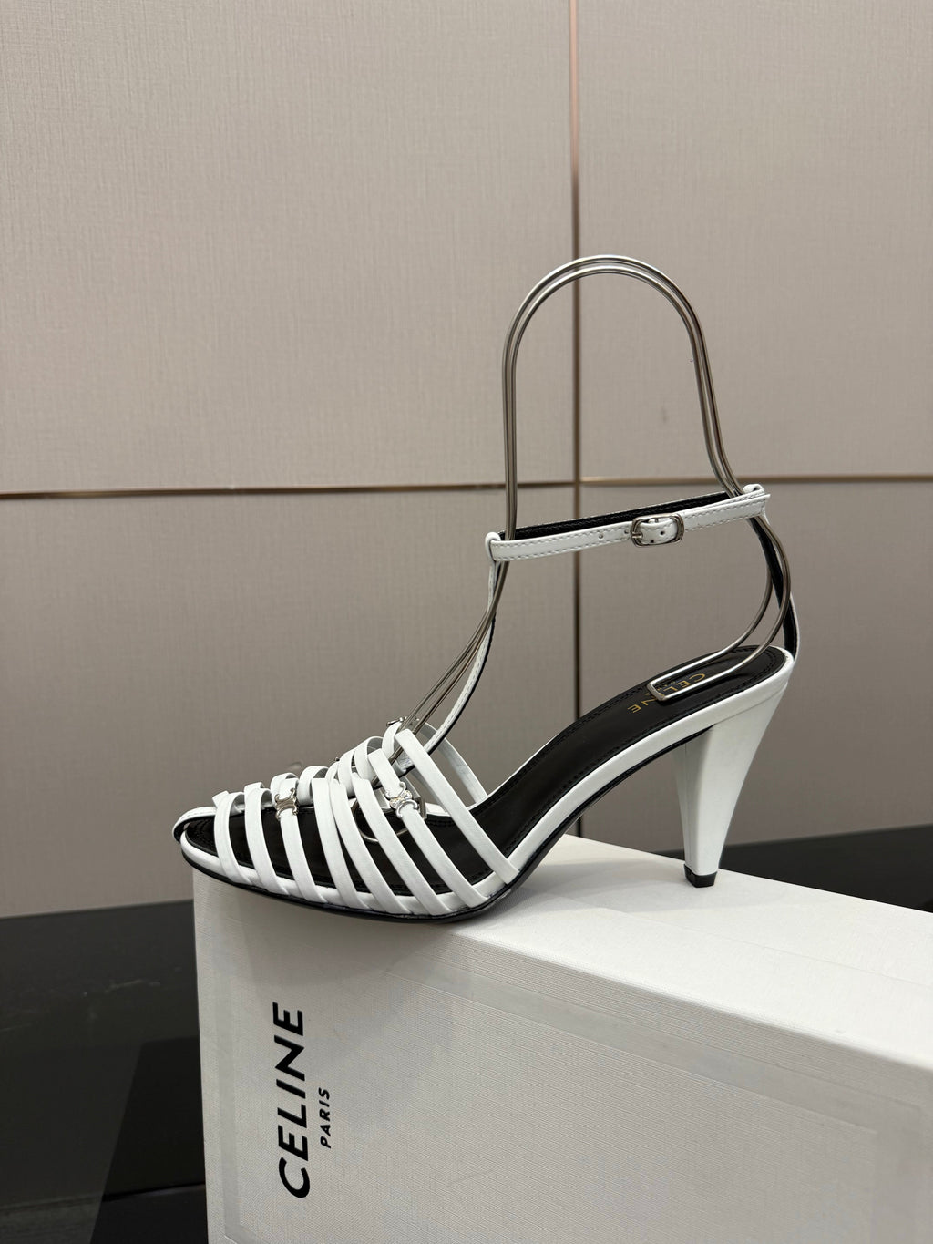 CL Cage Heeled Sandal 9cm White Calfskin 725648
