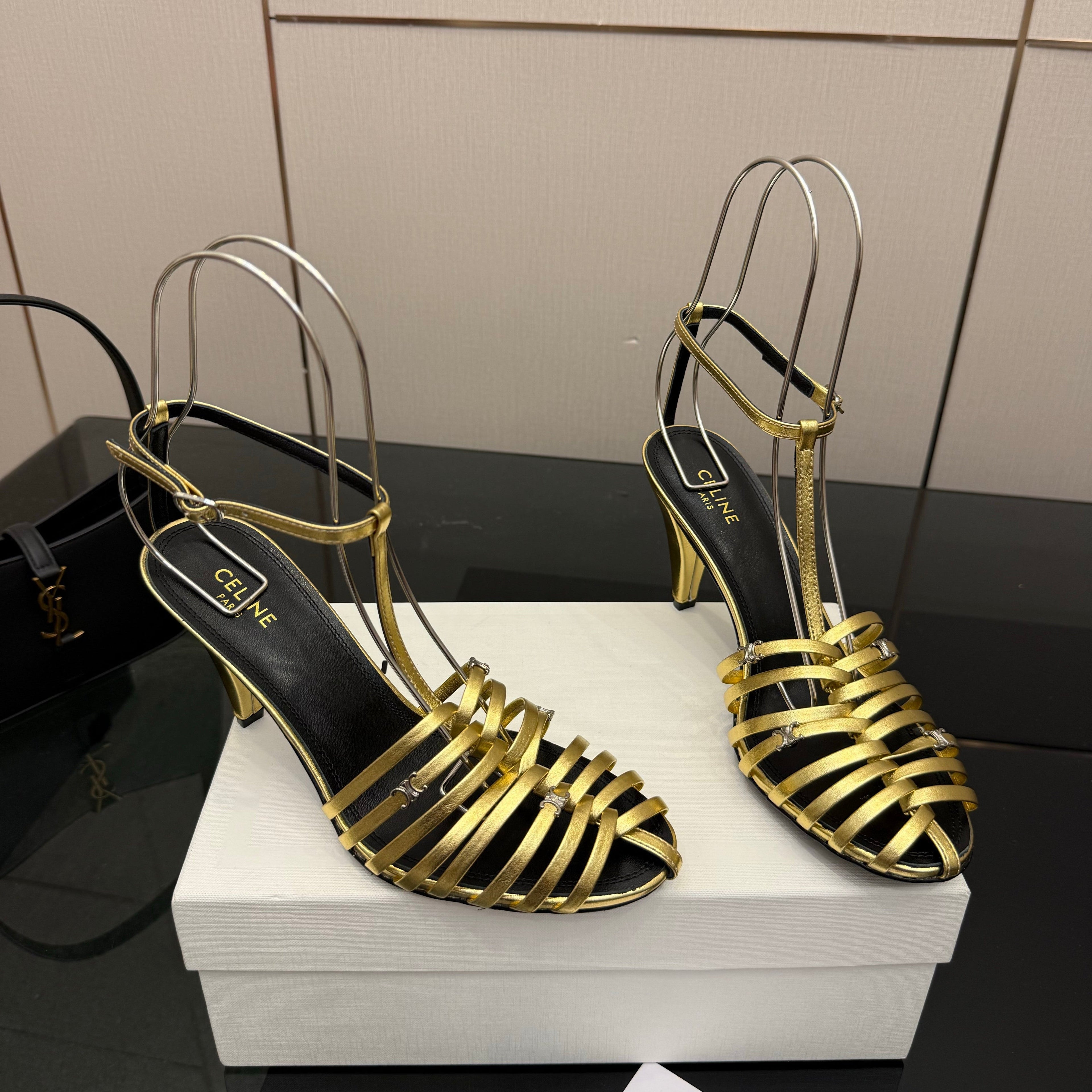 CL Cage Heeled Sandal 9cm Gold Calfskin 725649