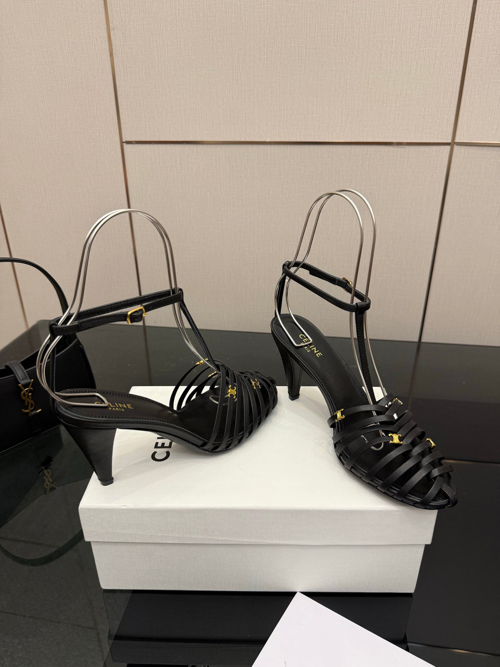CL Cage Heeled Sandal 9cm Black Calfskin 725650