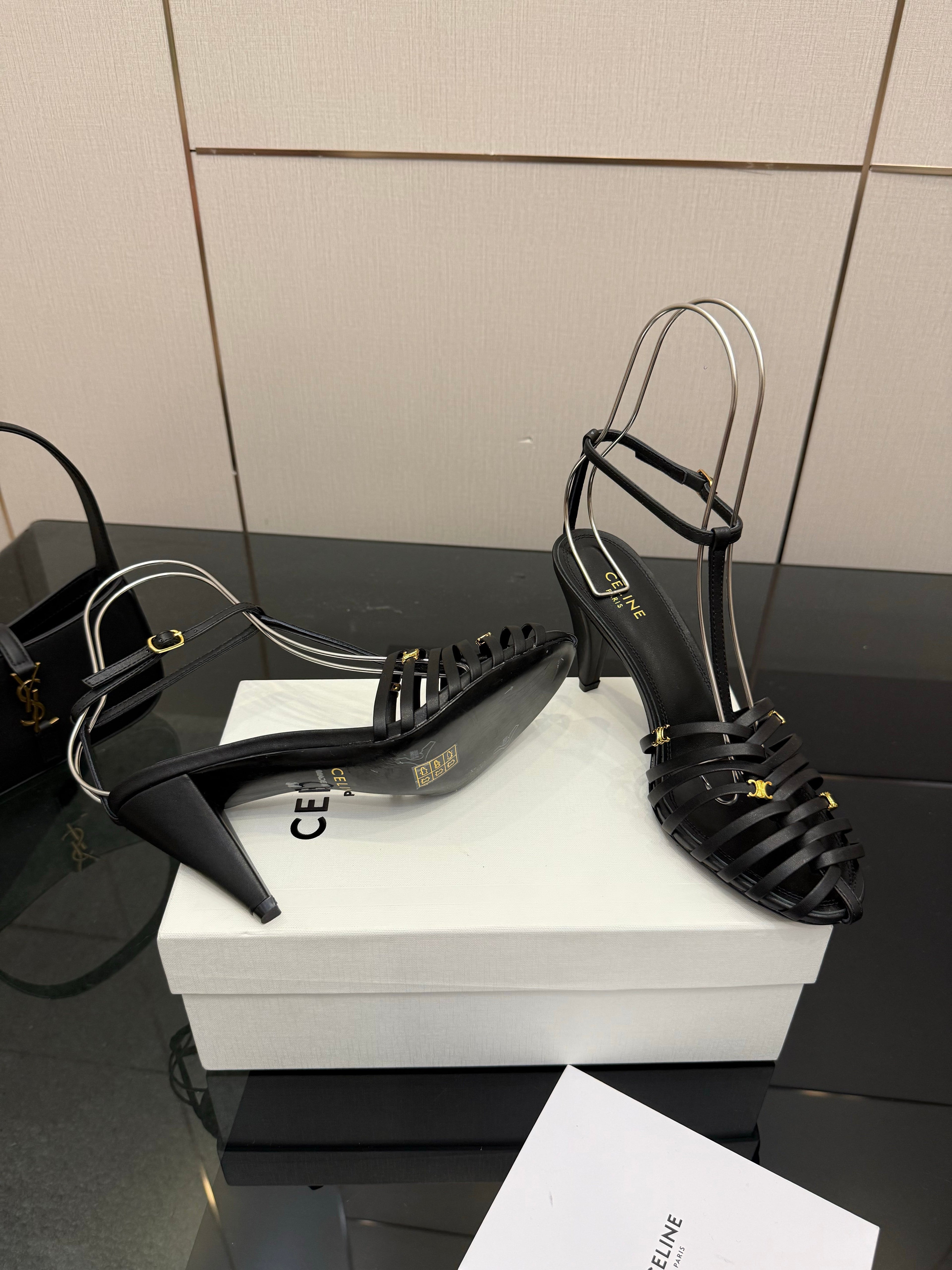 CL Cage Heeled Sandal 9cm Black Calfskin 725650