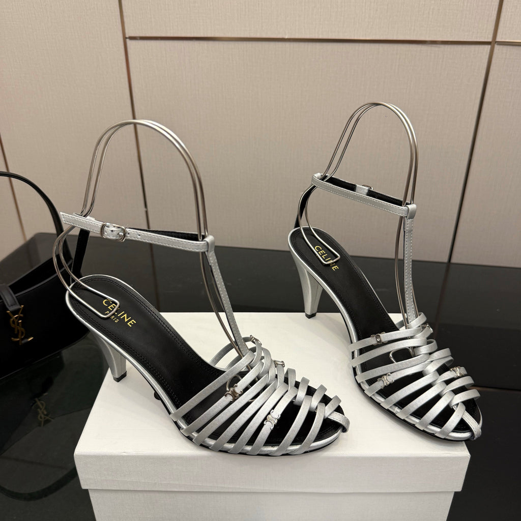 CL Cage Heeled Sandal 9cm Sliver Calfskin 725651