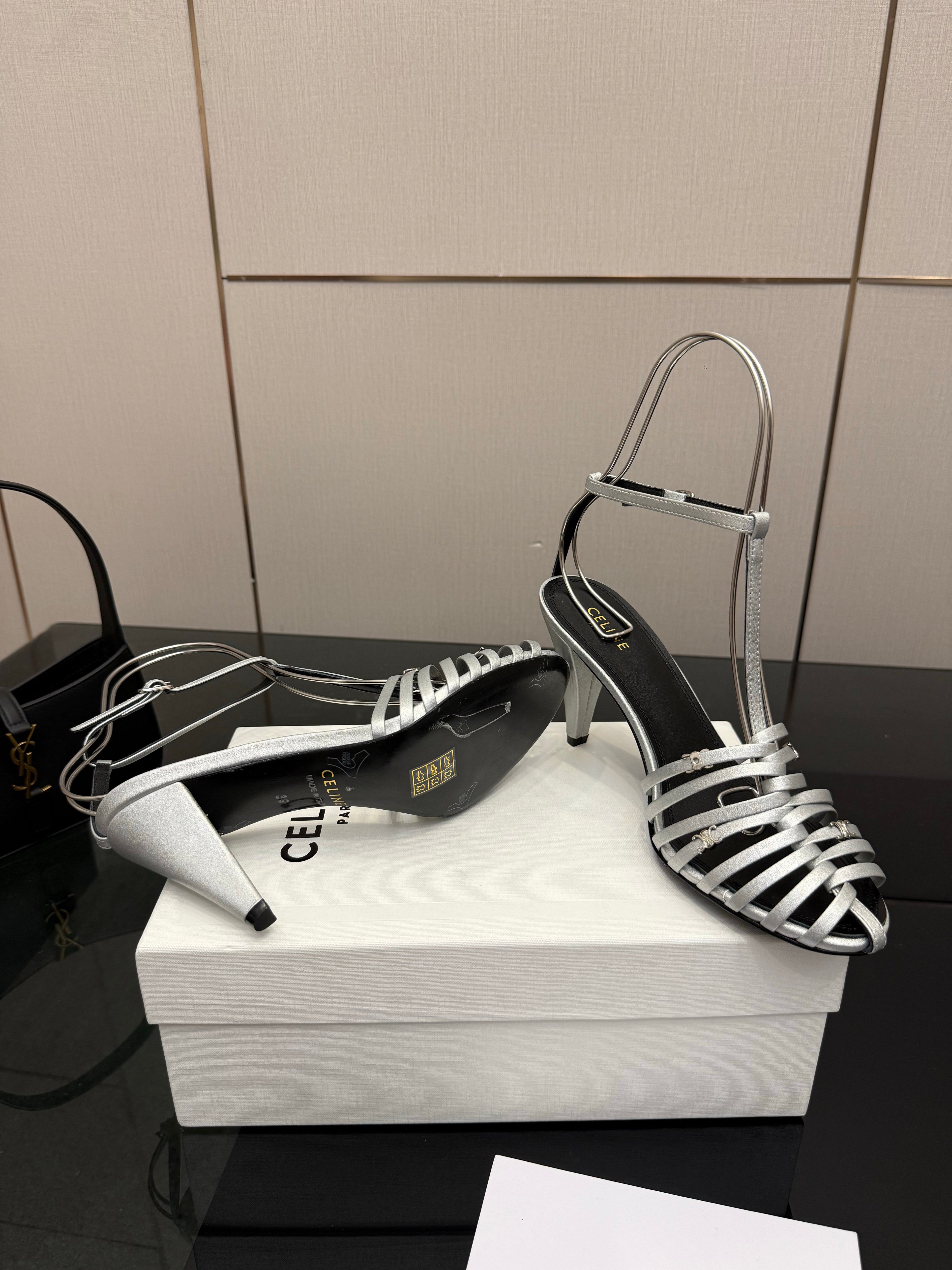 CL Cage Heeled Sandal 9cm Sliver Calfskin 725651