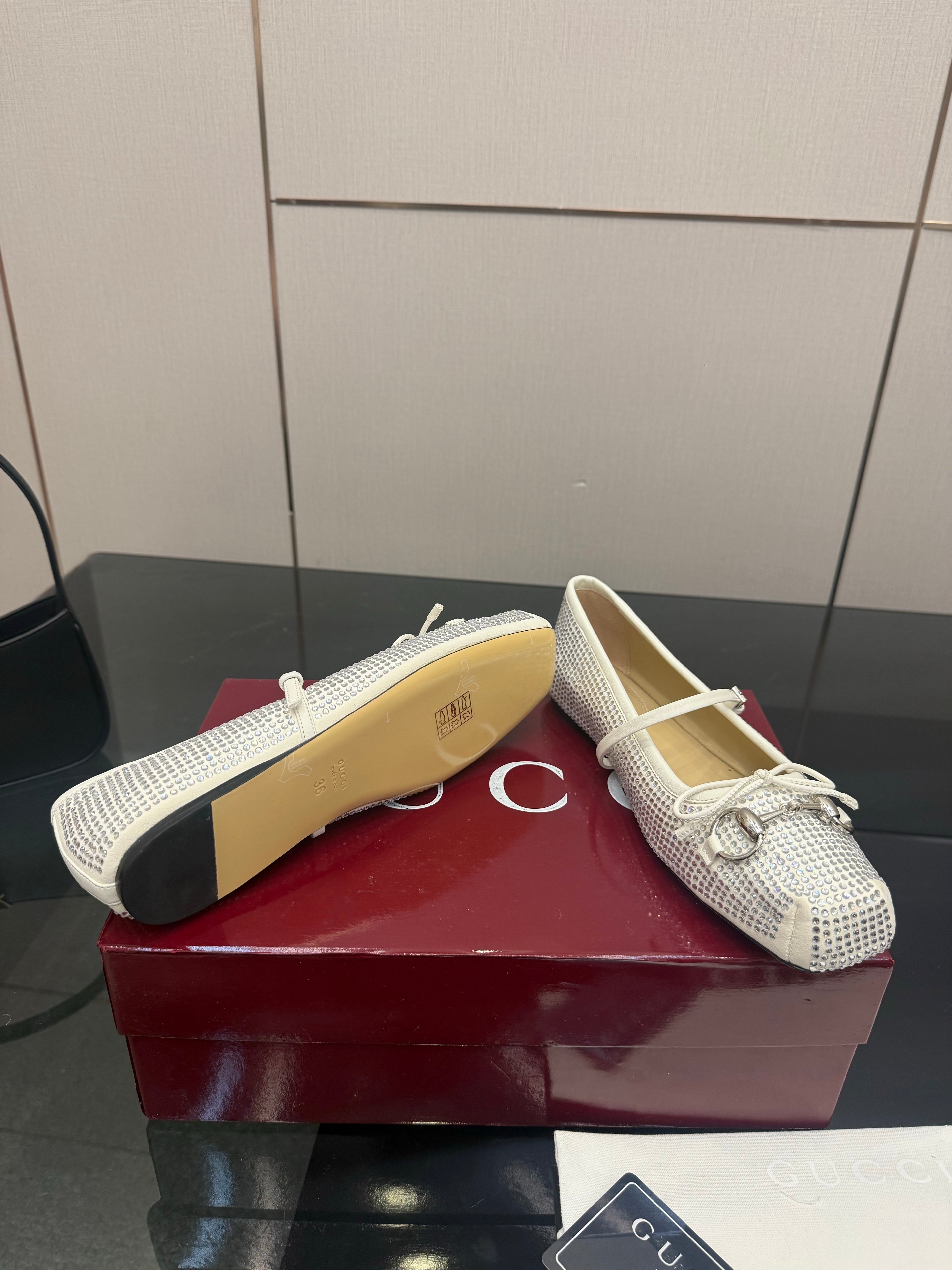 GG Ballerina Flats Square Toe White Leather 725283