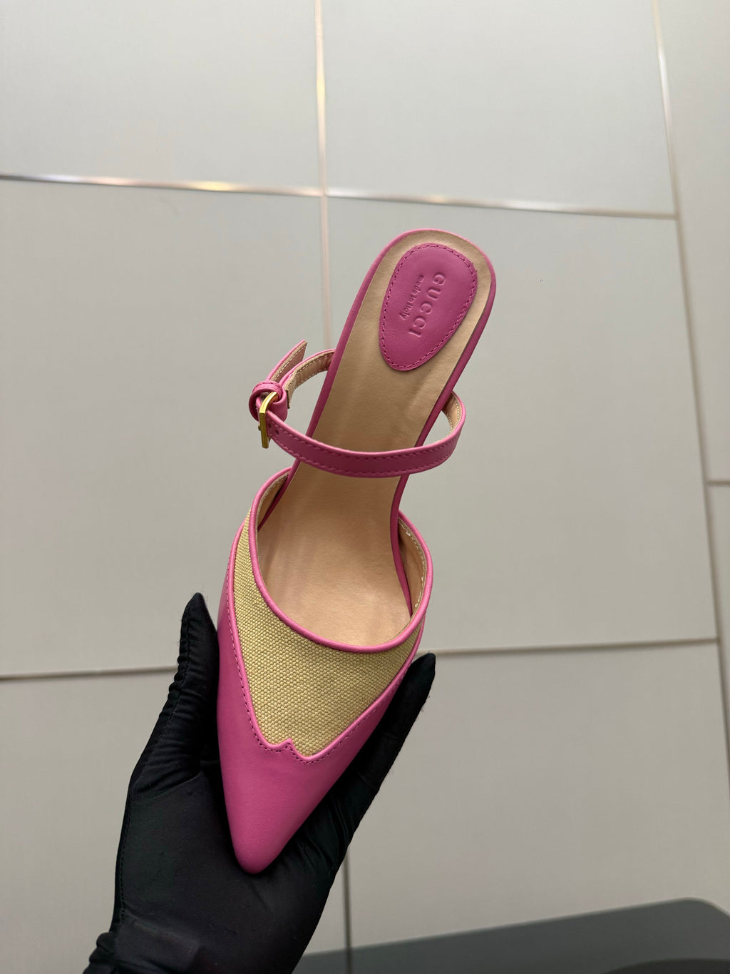 GG Pointed-Toe Mules 9.5cm Pink Cowhide 725304