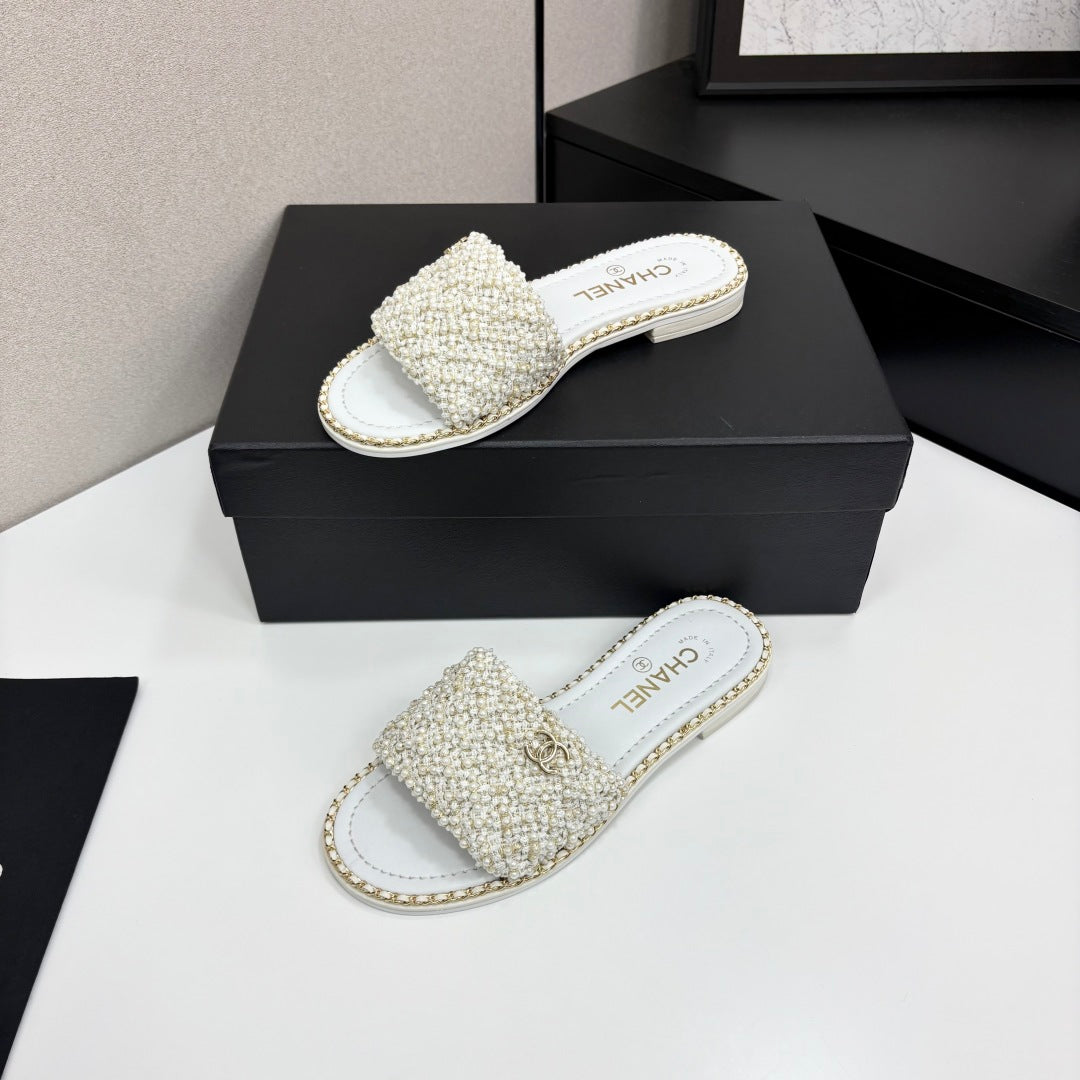 CC 25 Mules Flat Pearl Cord and Lambskin 270770