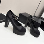 CC 25S Mary Jane Platform 11cm Black Calfskin Grosgrain