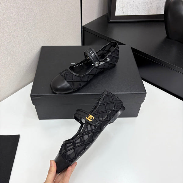 CC 25 Mary Jane White Black Mesh Calfskin