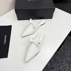 CC 25 Point-Toe Flat Mule White Patent Calfskin 352473