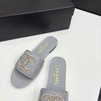 CC 25 Doubble Chain Embroidered Slippers Grey Quilted Sheepskin 352488