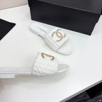 CC 25 Doubble Chain Embroidered Slippers White Fabric And Sheepskin 352492