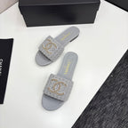 CC 25 Doubble Chain Embroidered Slippers Grey Fabric And Sheepskin 352494