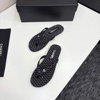 CC Crystal Logo Thong Sandal Black Fabric And Sheepskin 352485