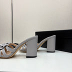 CC 25 Camellia Open Heel Mule Sandals 90mm Grey Beige Sheepskin And Fabric 368842