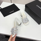 CC 25 Camellia Open Heel Mule Sandals 90mm Silver Stone Grain And Sheepskin 368845