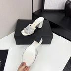 CC 25 Camellia Open Heel Mule Sandals 90mm Silver Stone Grain And Sheepskin 368845
