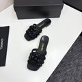 CC 25 Camellia Open Flat Mule Black Coarse Glitter Fabric And Sheepskin 368853