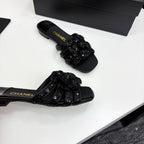 CC 25 Camellia Open Flat Mule Black Coarse Glitter Fabric And Sheepskin 368853